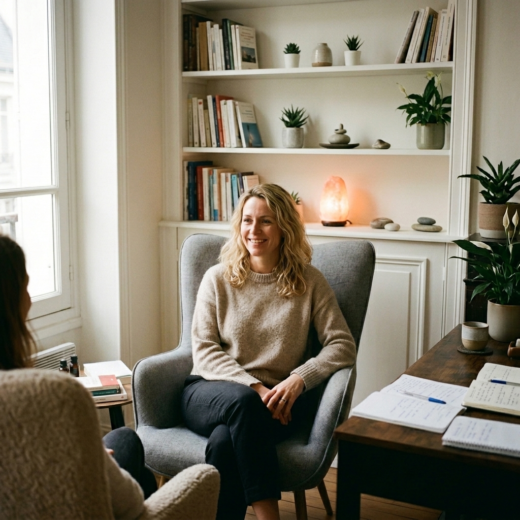sophrologue spécialiste femmes Rouen et télé consultation femme qui suit un protocole de sophrologie pour diminuer ses symptômes de péri ménopause, elle a 45 ans, elles est souriante, confiante, apaisée